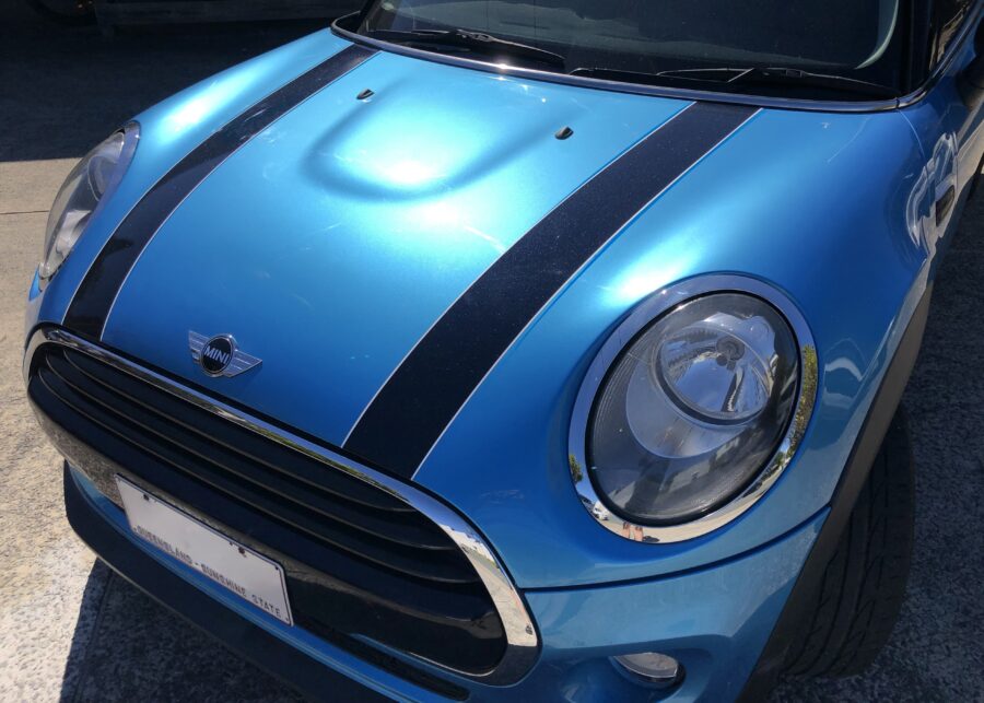 Blue Mini with New Bonnet Stripes on the Sunshine Coast.